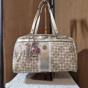 Coach F15132 Signature Gold and Tan Satchel Handbag Purple Lining Silver Hardwar